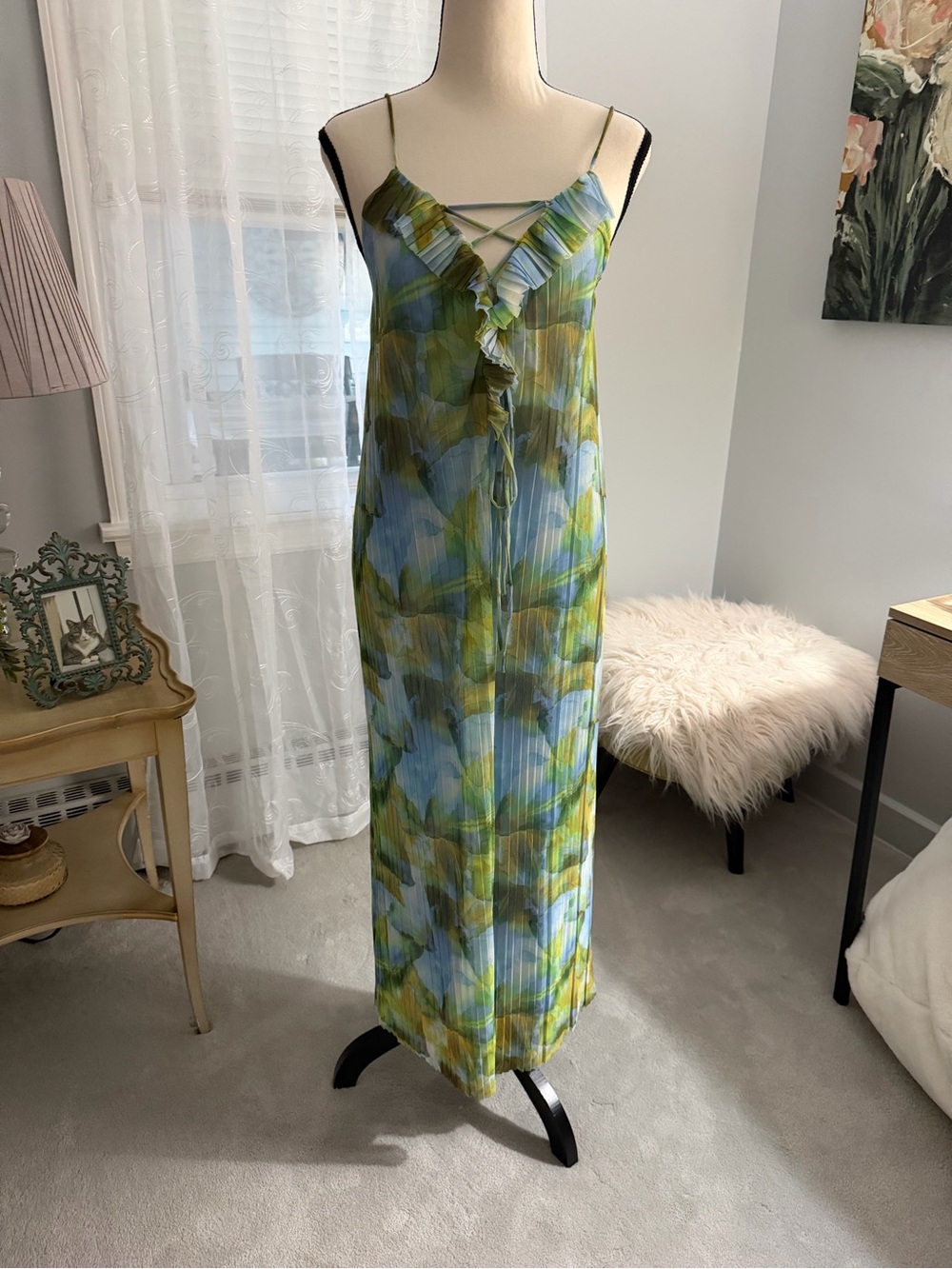 NWT- Zara Blue and Green Floral Pleated Maxi Dress